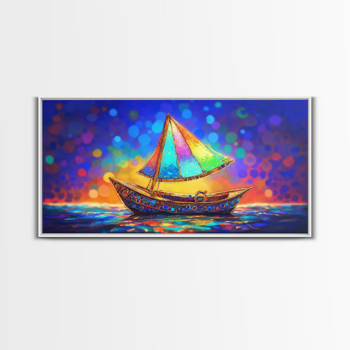 Glowing Rainbow Sailboat Canvas Print, Nautical Wall Art, Coastal Wall Decor, Ocean Nursery Decor, Beach House Decor, Seaside Art