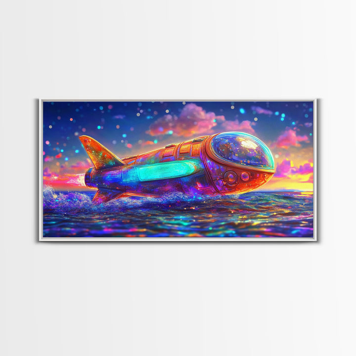 Rainbow Rocket Submarine Canvas Print, Futuristic Ocean Wall Art, Sci Fi Wall Decor, Space Lover Gift, Coastal Nursery Art