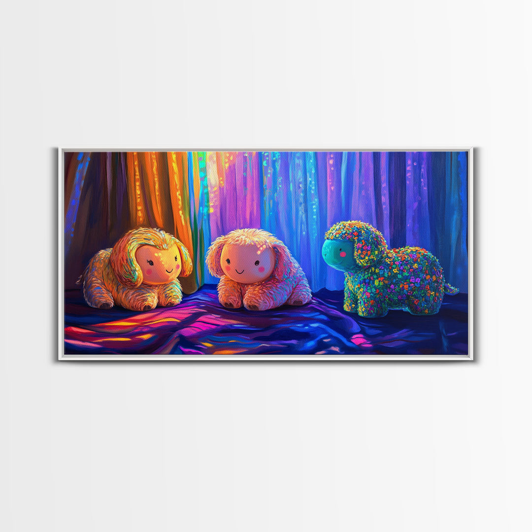 Smiling Plush Animals In Rainbow Curtain Glow Wall Art, Whimsical Animal Art, Nursery Decor, Kids Room Decor, Baby Gift, Cute Art