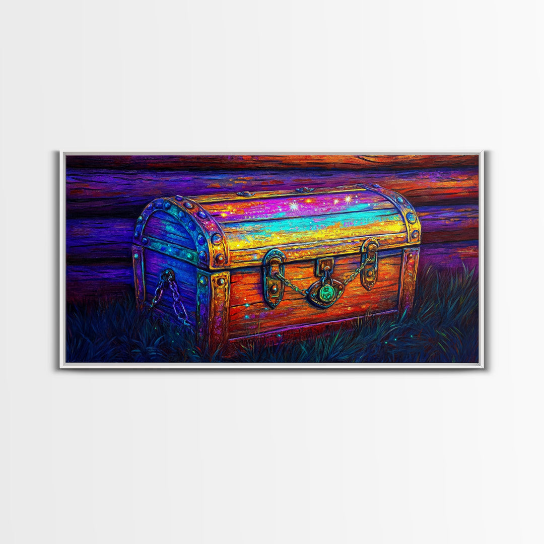 Rainbow Wooden Treasure Chest In Moonlit Grass Canvas Print, Fantasy Art, Whimsical Decor, Rustic Wall Art, Unique Gift, Home Decor