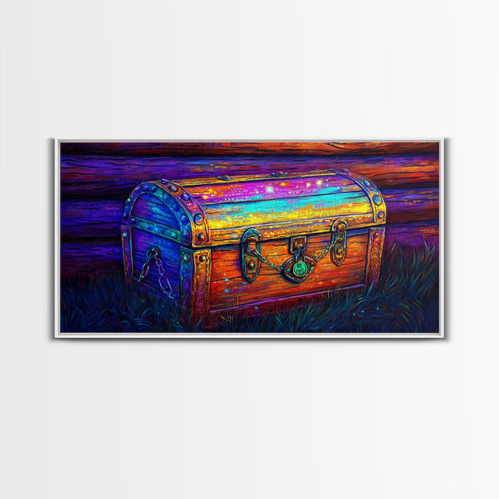 Rainbow Wooden Treasure Chest In Moonlit Grass Canvas Print, Fantasy Art, Whimsical Decor, Rustic Wall Art, Unique Gift, Home Decor