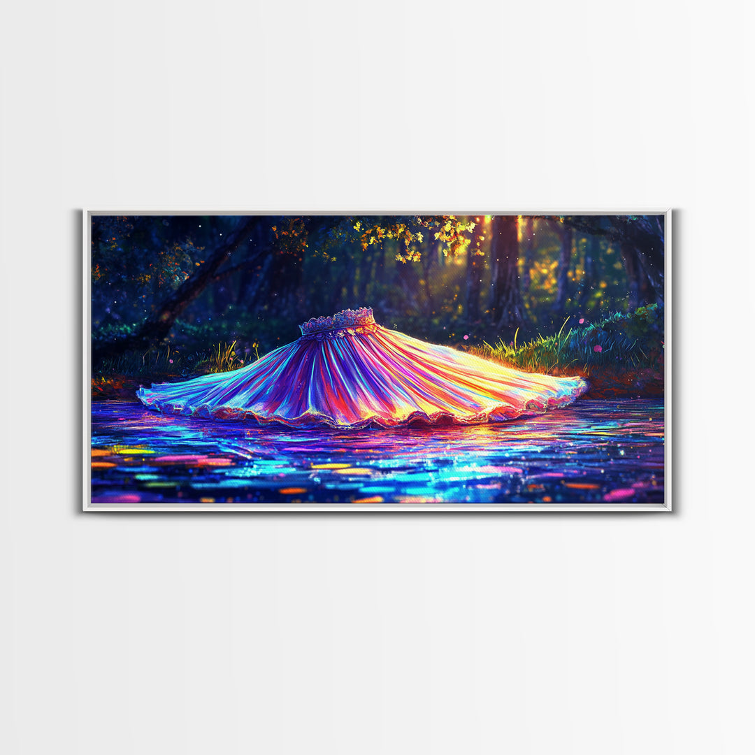 Iridescent Pleated Dress Floating In Forest Stream Wall Art, Fantasy Art, Whimsical Decor, Nature Wall Art, Statement Art