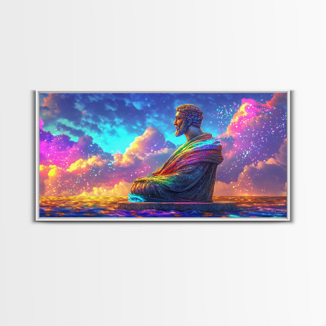 Rainbow Buddha Statue At Ocean Sunset Wall Art, Meditation Room Decor, Spiritual Wall Art, Yoga Studio Decor, Zen Home Decor