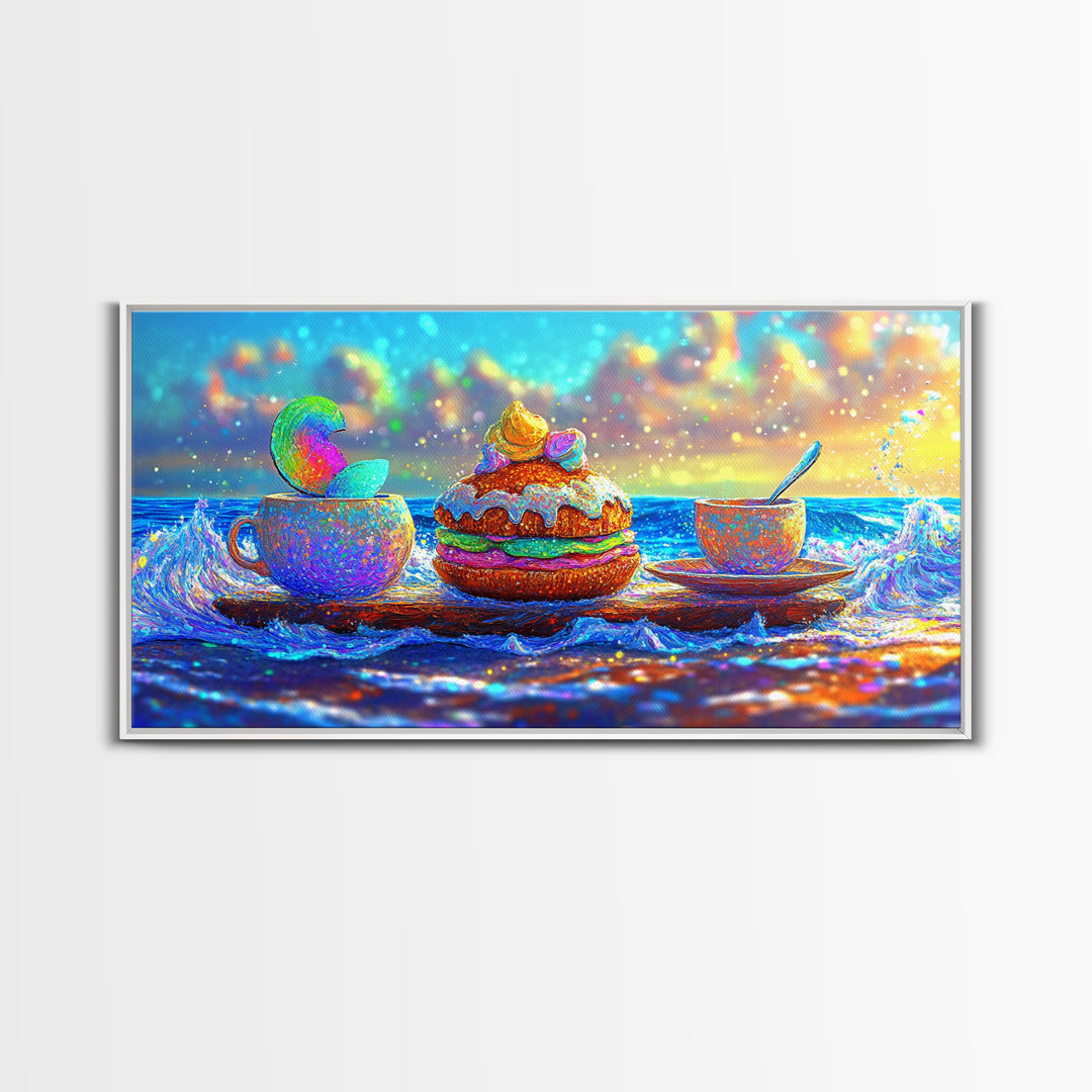 Whimsical Ocean Tea Cup And Macaron Canvas Print, Bakery Wall Art, Coastal Kitchen Decor, Dessert Art Gift For Her, Cafe Wall Decor