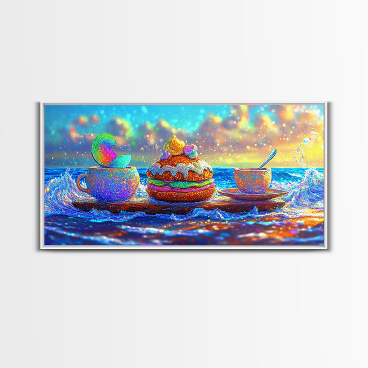 Whimsical Ocean Tea Cup And Macaron Canvas Print, Bakery Wall Art, Coastal Kitchen Decor, Dessert Art Gift For Her, Cafe Wall Decor