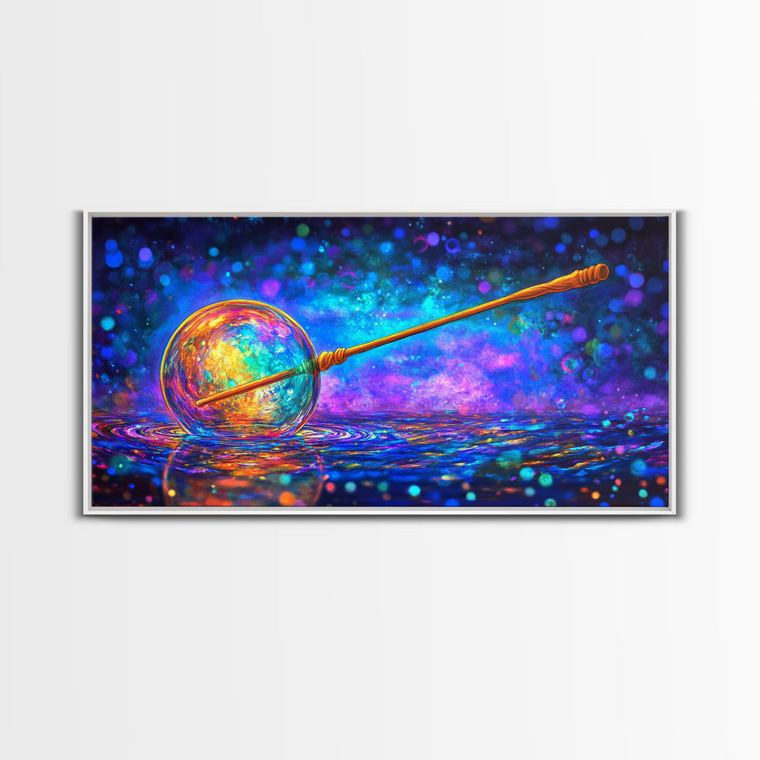 Glowing Cosmic Orb And Golden Wand Canvas Print, Mystical Celestial Wall Art, Modern Fantasy Home Decor, Witchy Gift For Her