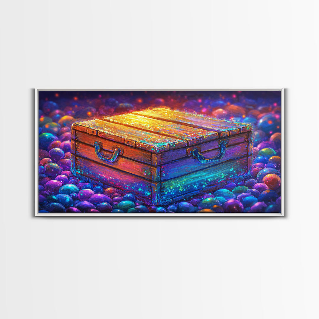 Glowing Wooden Treasure Chest Canvas Print, Whimsical Fantasy Wall Art, Colorful Rustic Home Decor, Unique Housewarming Gift