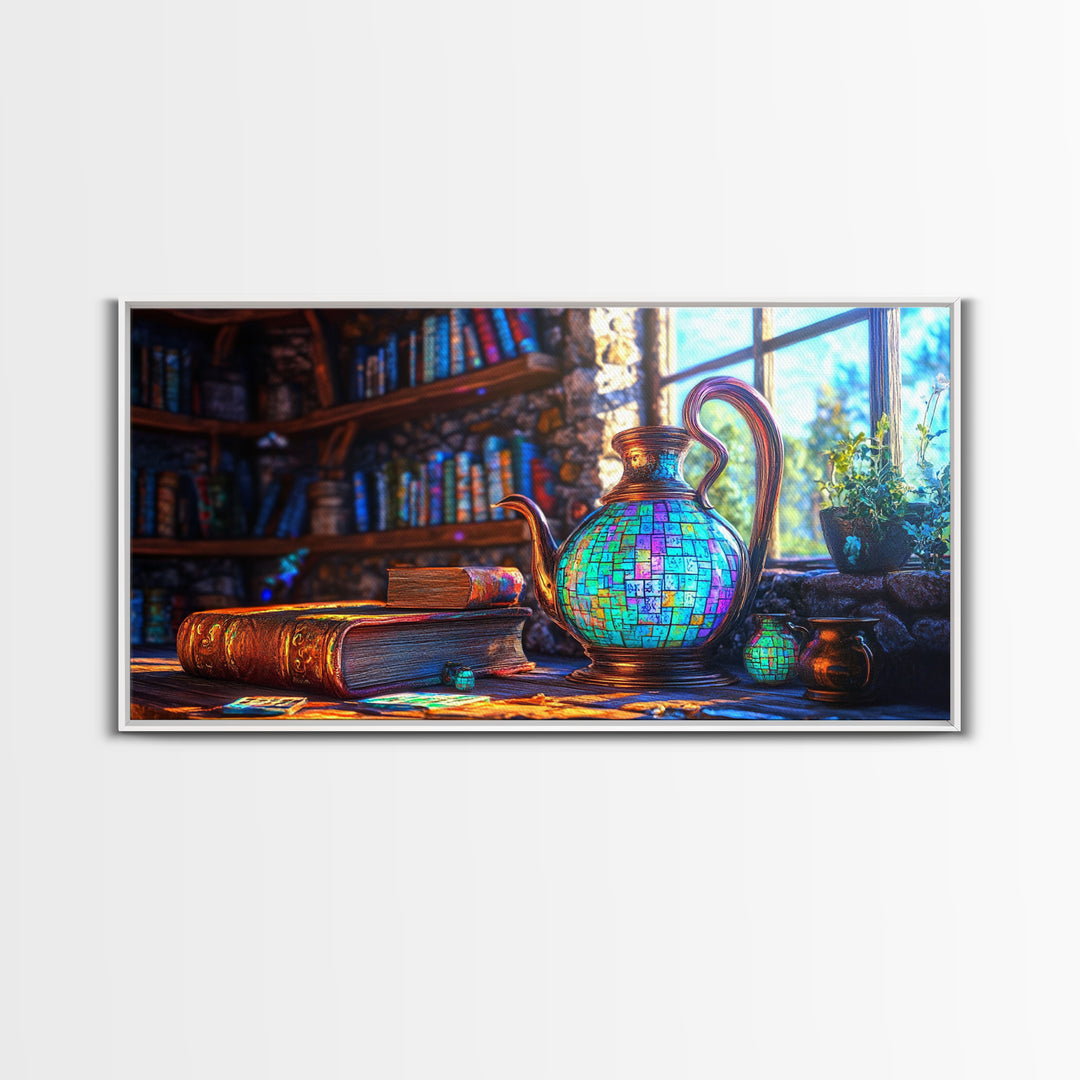 Mosaic Teapot And Antique Books Canvas Print, Library Wall Art, Dark Academia Decor, Book Lover Gift, Cozy Home Decor, Office Decor