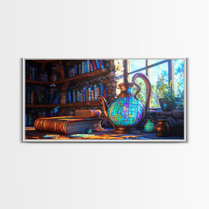 Mosaic Teapot And Antique Books Canvas Print, Library Wall Art, Dark Academia Decor, Book Lover Gift, Cozy Home Decor, Office Decor