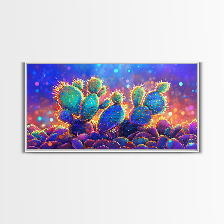 Glowing Prickly Pear Cactus At Twilight Wall Art, Vibrant Desert Canvas, Colorful Southwestern Decor, Boho Living Room Print