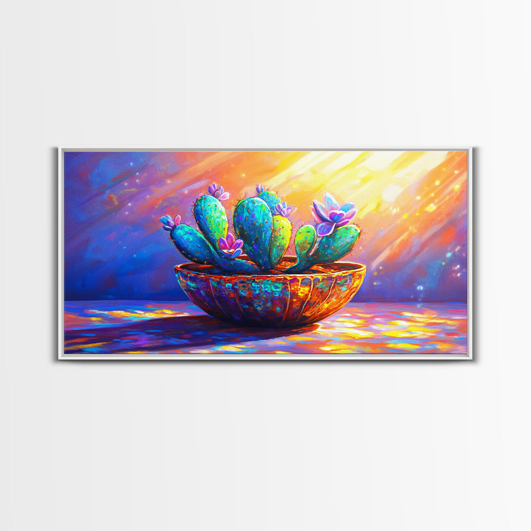 Sunlit Blooming Cactus In Rustic Bowl Canvas Print, Colorful Desert Botanical Art, Southwestern Kitchen And Living Room Decor