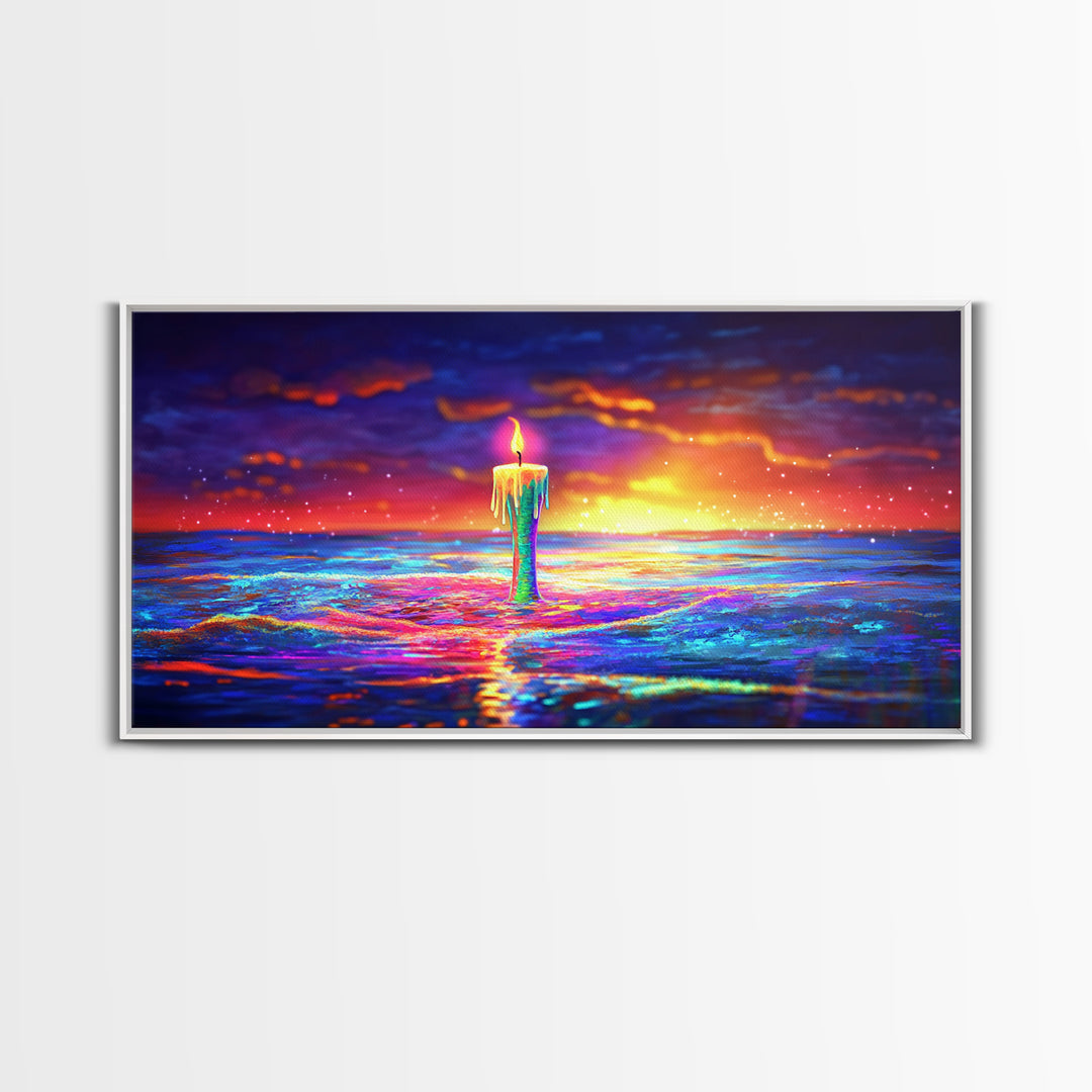 Tall Candle Burning Over Sunset Sea Wall Art, Colorful Seascape Canvas, Coastal Meditation Home Decor And Serene Ocean Print