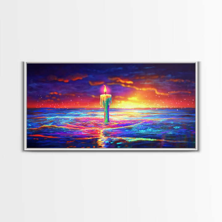 Tall Candle Burning Over Sunset Sea Wall Art, Colorful Seascape Canvas, Coastal Meditation Home Decor And Serene Ocean Print