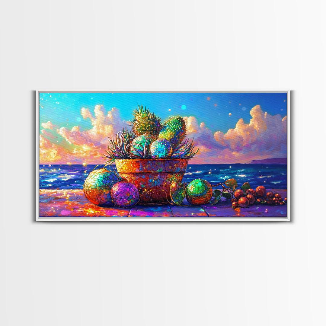 Prickly Pear Cactus Basket Wall Art, Coastal Tropical Still Life, Beach House Decor, Colorful Fruit Print, Summer Canvas