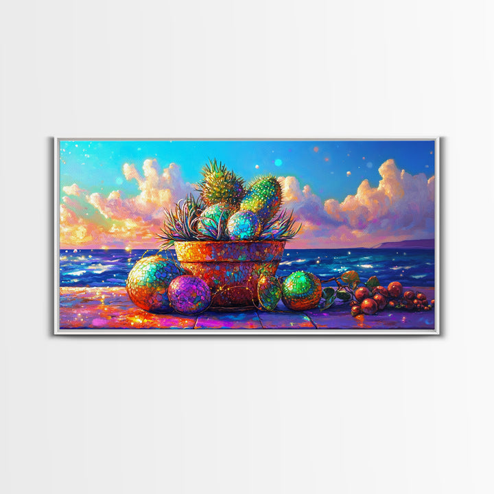 Prickly Pear Cactus Basket Wall Art, Coastal Tropical Still Life, Beach House Decor, Colorful Fruit Print, Summer Canvas