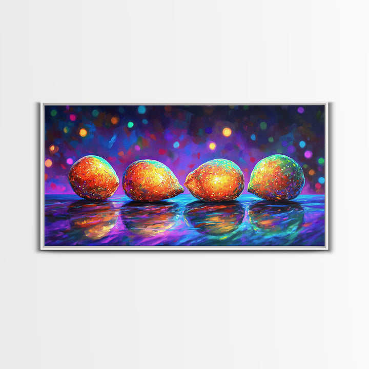 Four Bright Mangoes Wall Art, Colorful Fruit Still Life, Modern Kitchen Decor, Tropical Art Print, Vibrant Dining Room Canvas