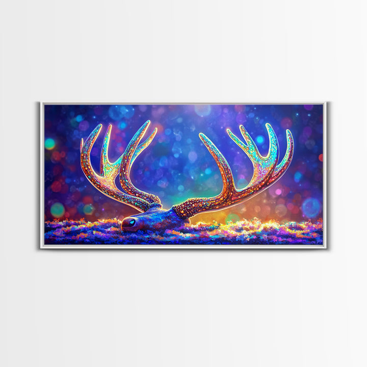 Glowing Deer Antlers Wall Art, Surreal Wildlife Print, Colorful Nature Decor, Rustic Cabin Gift, Whimsical Animal Canvas