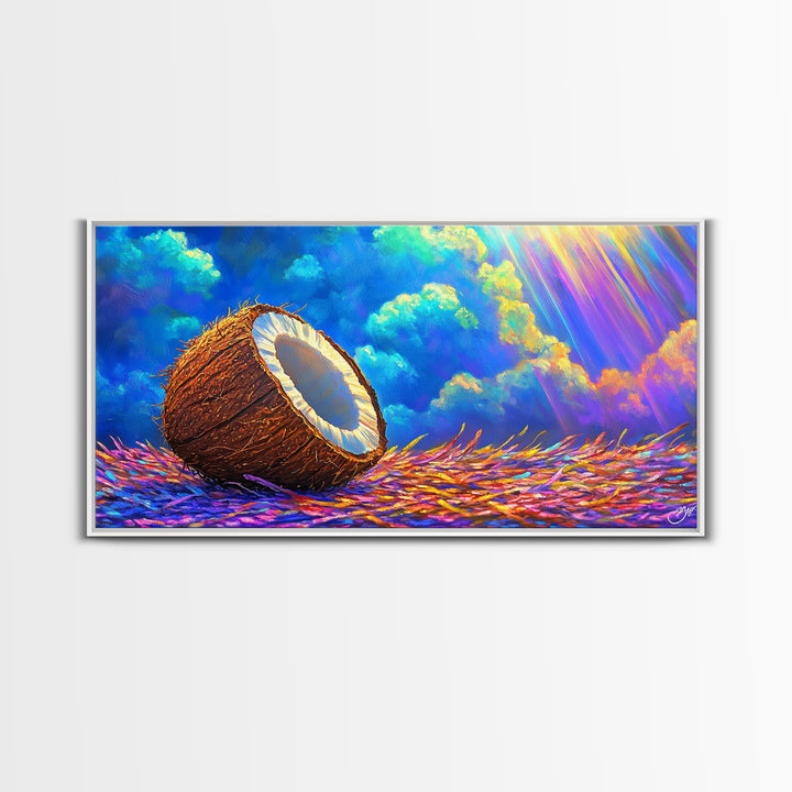 Sunlit Coconut On Tropical Straw Canvas Print, Beach House Wall Art, Coastal Decor, Vibrant Ocean Wall Decor Gift For Summer Home Decor