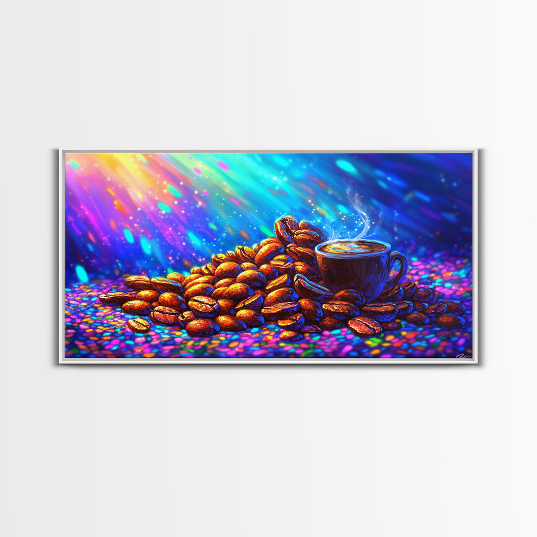 Steaming Coffee Cup With Roasted Beans Canvas Print, Coffee Bar Wall Art, Kitchen Decor, Cafe Poster Gift For Coffee Lover