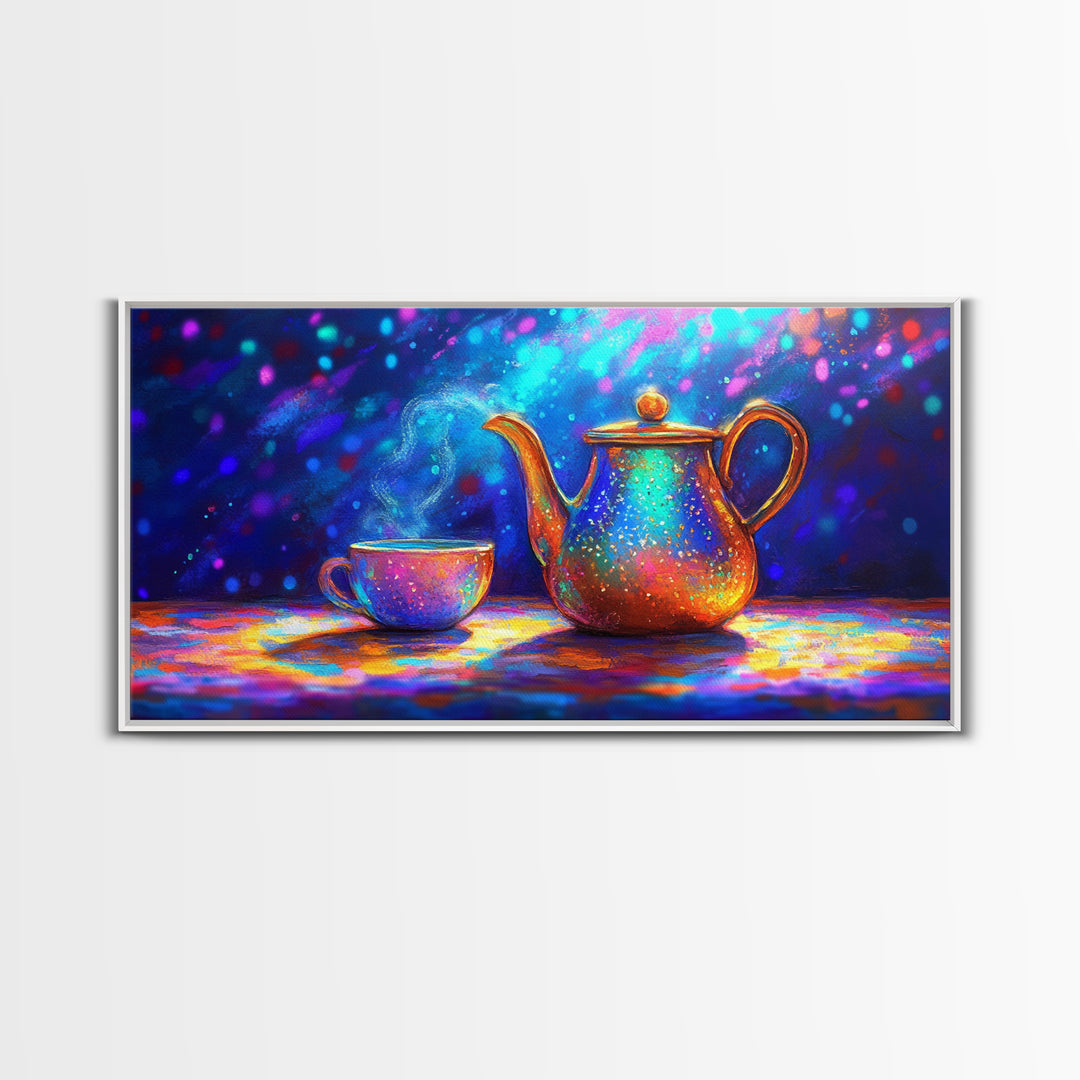 Iridescent Teapot And Teacup Still Life Canvas Print, Colorful Kitchen Wall Art, Tea Lover Gift, Modern Home Decor, Dining Room Print