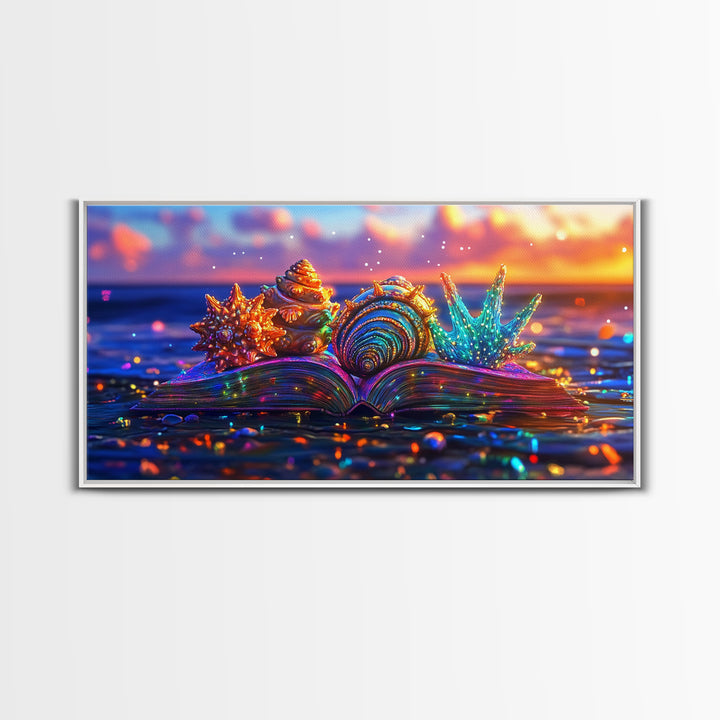 Glowing Seashells On Open Book Framed Canvas Print, Coastal Wall Art, Beach House Decor, Ocean Lover Gift For Her, Nautical Home Decor