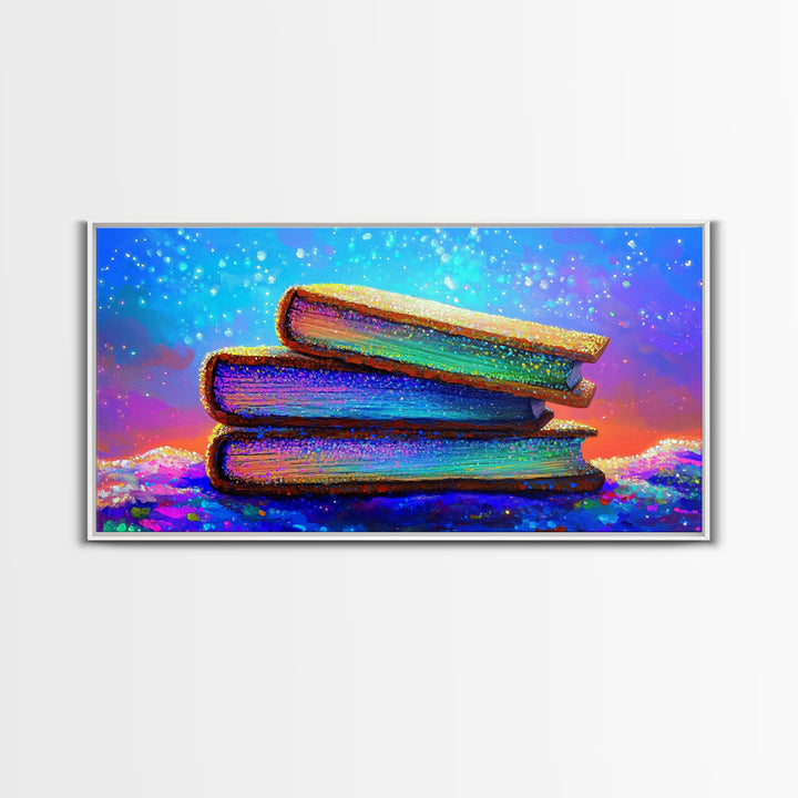 Stacked Rainbow Books Under Starry Sky Canvas Print, Book Lover Wall Art, Library Decor, Cozy Reading Nook Gift For Home Office Decor