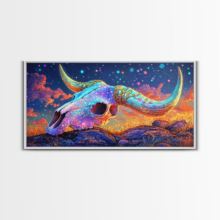Iridescent Longhorn Skull Desert Sunset Wall Art, Western Decor, Cow Skull Canvas Print, Southwestern Home Decor Gift For Him