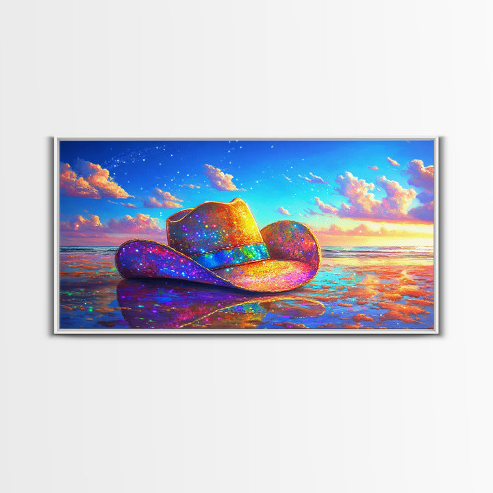 Sparkling Cowboy Hat On Sunset Beach Wall Art, Western Coastal Decor, Cowgirl Canvas Print, Beach House Gift For Her, Home Decor