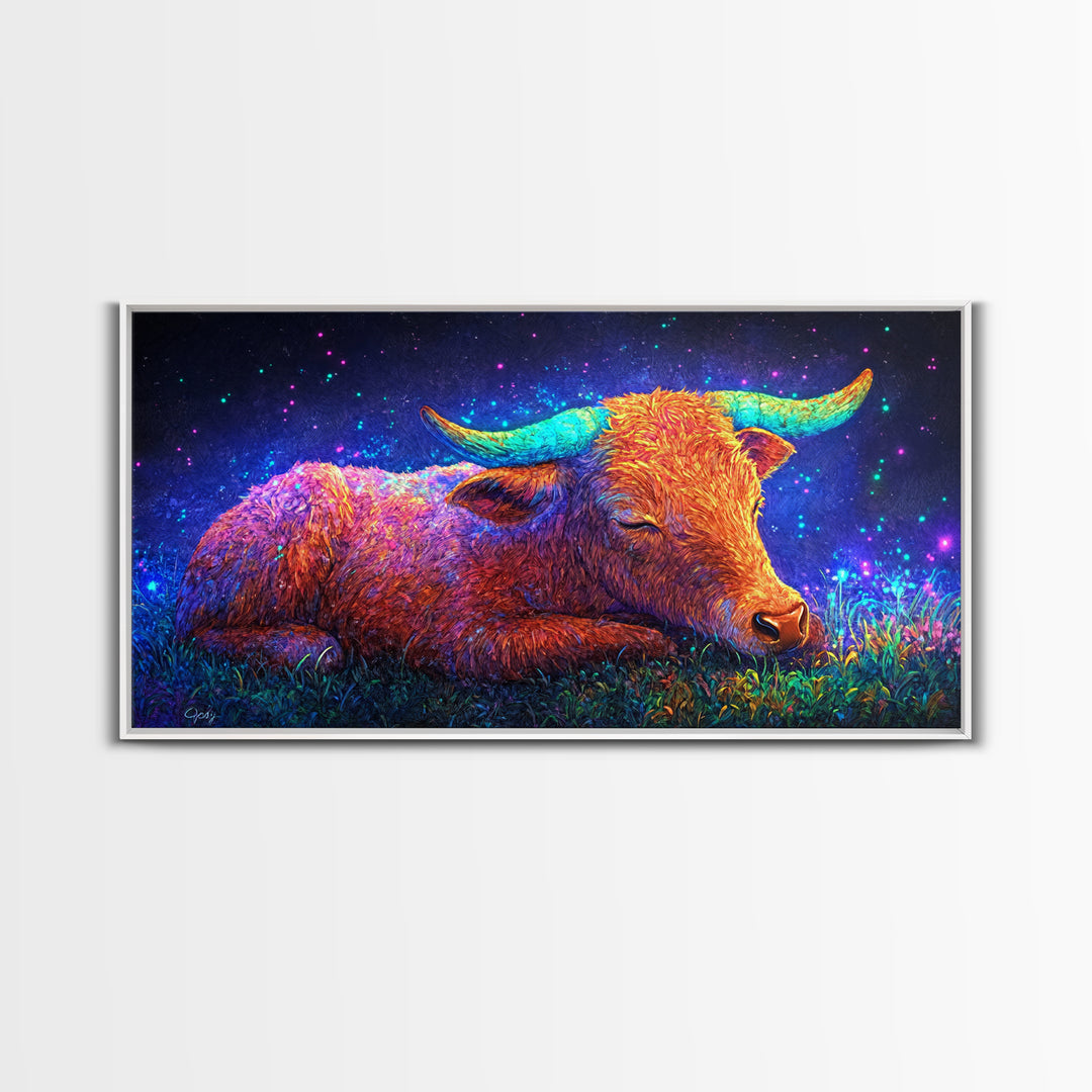 Sleeping Longhorn Cow Under Starry Sky Wall Art, Western Animal Canvas Print, Rustic Farmhouse Decor, Gift For Him, Home Decor