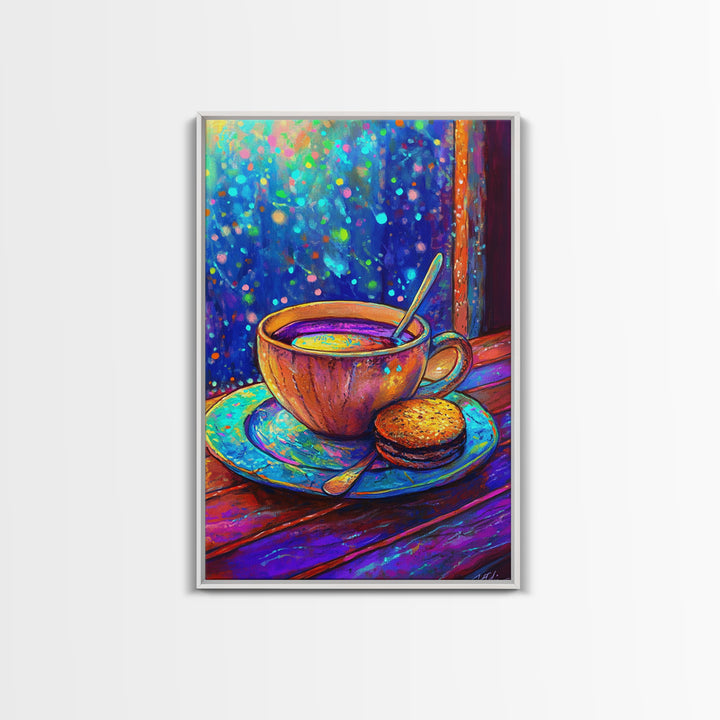 Cozy Tea Cup And Cookie Canvas Print, Coffee Shop Wall Art, Cafe Decor, Kitchen Wall Decor, Whimsical Foodie Gift For Dining Room Prints