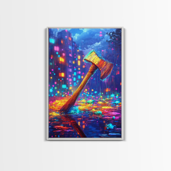 Neon Axe In Rainy City Framed Canvas Print, Cyberpunk Wall Art, Dystopian Decor, Gamer Room Art, Unique Gift For Him, Home Decor