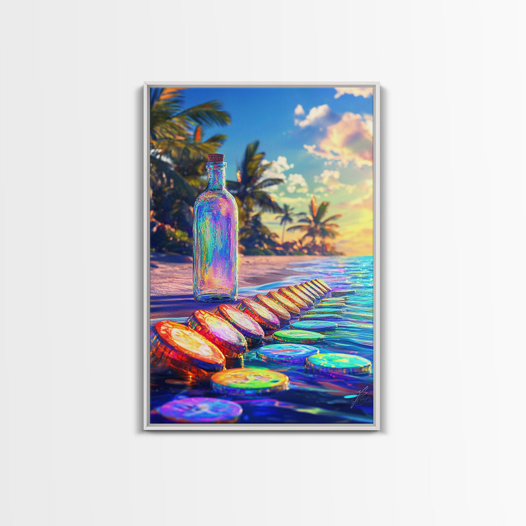 Rainbow Glass Bottle On Tropical Beach Canvas Print, Coastal Wall Art, Beach House Decor, Ocean Art Print, Summer Home Decor