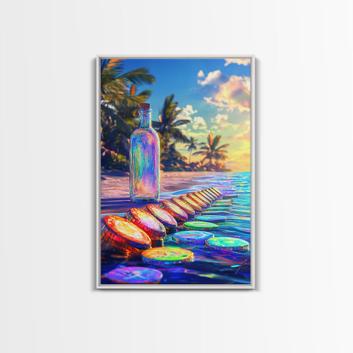 Rainbow Glass Bottle On Tropical Beach Canvas Print, Coastal Wall Art, Beach House Decor, Ocean Art Print, Summer Home Decor