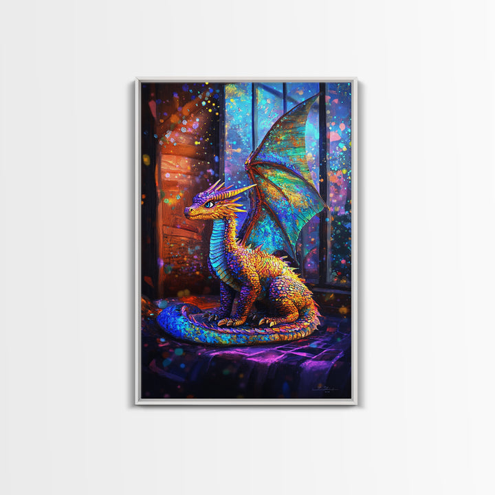 Iridescent Baby Dragon On Windowsill Wall Art, Fantasy Art, Whimsical Decor, Kids Room Art, Dragon Gift, Framed Canvas Print