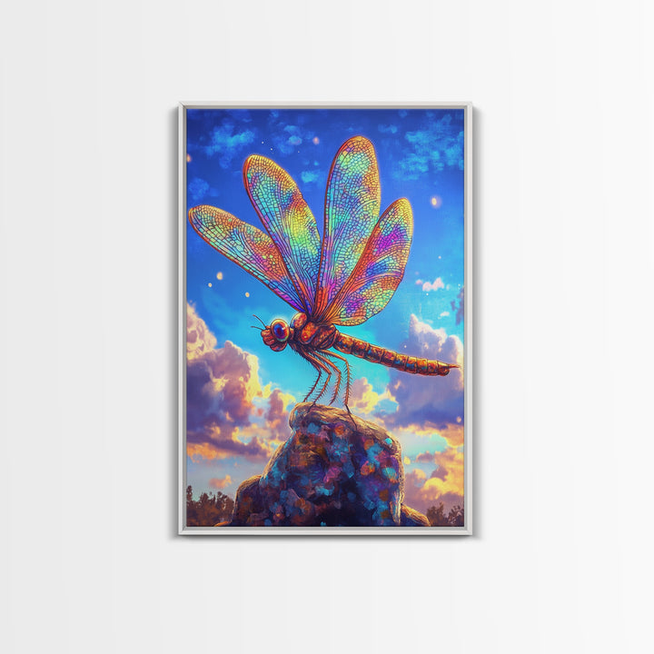 Stained Glass Dragonfly On Rock Canvas Print, Colorful Wildlife Art, Nature Wall Art, Whimsical Decor, Nature Lover Gift
