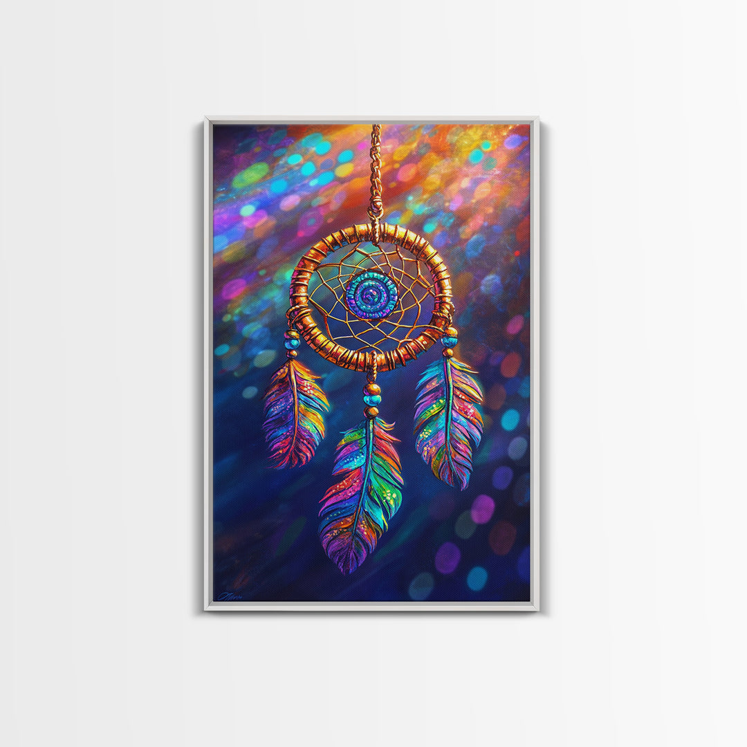 Rainbow Feather Dreamcatcher Wall Art, Boho Wall Decor, Spiritual Art, Celestial Decor, Whimsical Gift, Framed Canvas Print