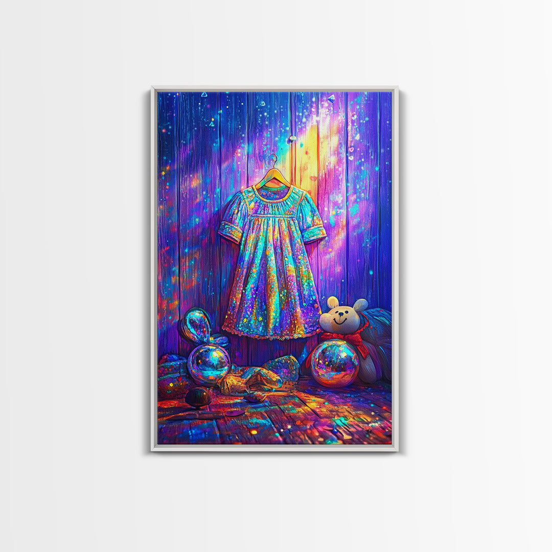 Sparkling Rainbow Toddler Dress With Toy Bear Wall Art, Colorful Nursery Decor, Girls Room Art, Whimsical Kids Room Print