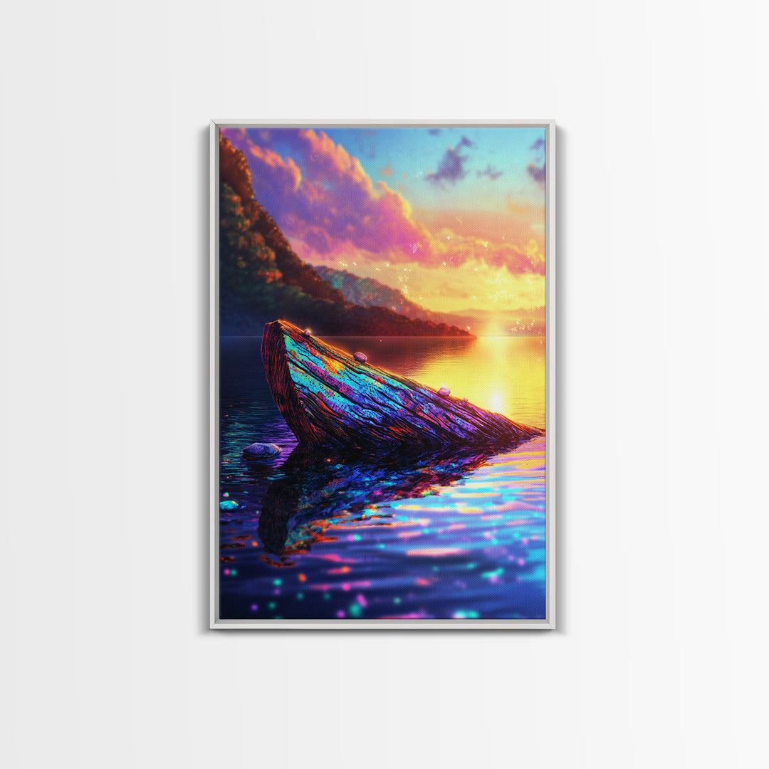 Iridescent Driftwood Boat On Mountain Lake Canvas Print, Sunset Landscape Art, Coastal Wall Decor, Colorful Nature Print