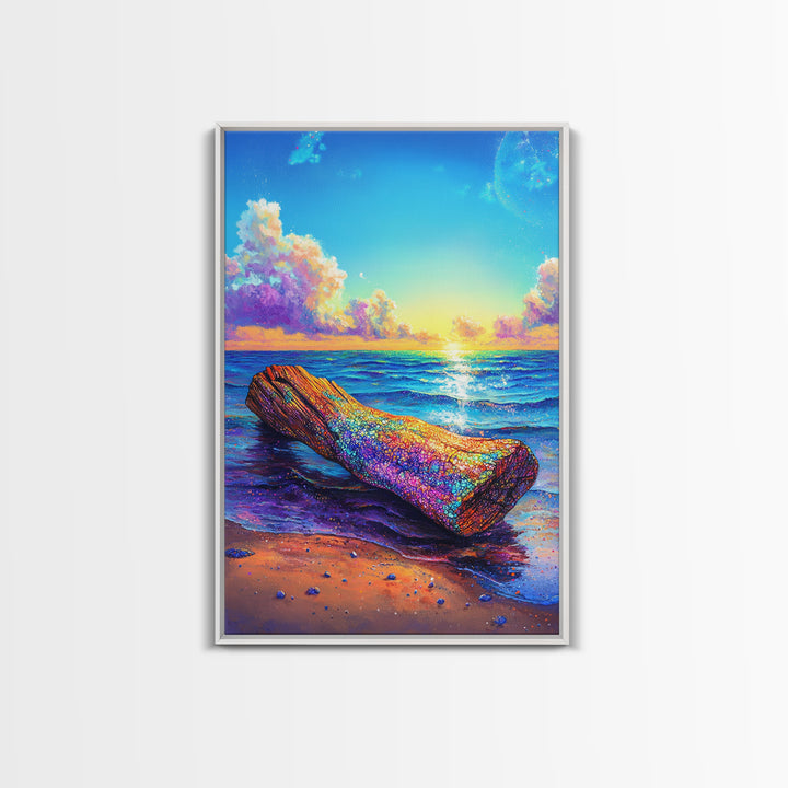Rainbow Driftwood Log On Sunny Ocean Beach Canvas Print, Coastal Wall Art, Seascape Decor, Beach House Art, Large Wall Decor