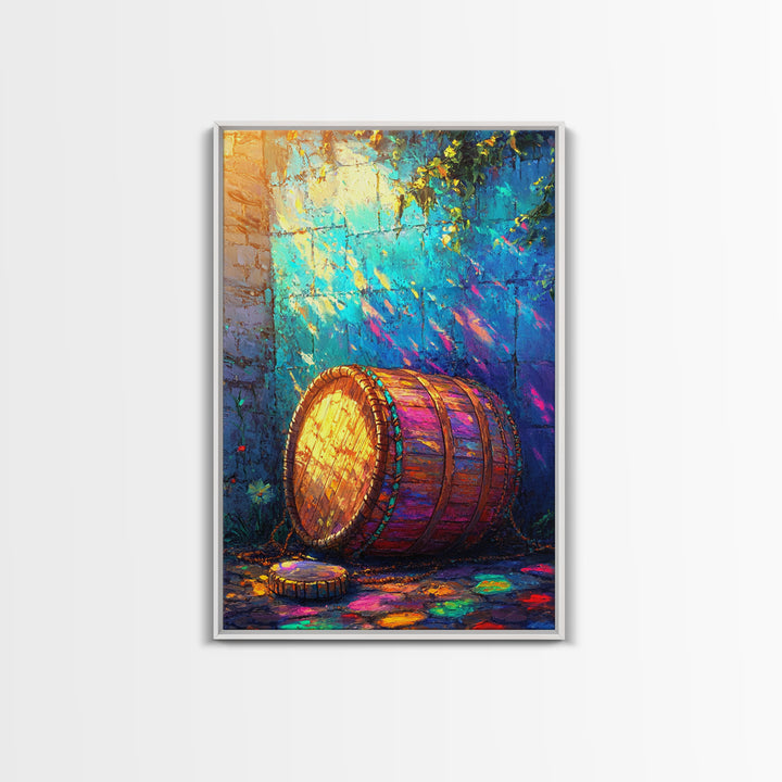 Sunlit Wooden Barrel Against Turquoise Wall Canvas Print, Rustic Kitchen Wall Art, Farmhouse Decor, Colorful Courtyard Print