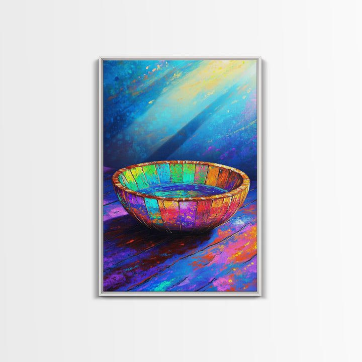 Rustic Rainbow Wooden Bowl Canvas Print, Colorful Kitchen Wall Art, Modern Farmhouse Decor, Wabi Sabi Art, Housewarming Gift