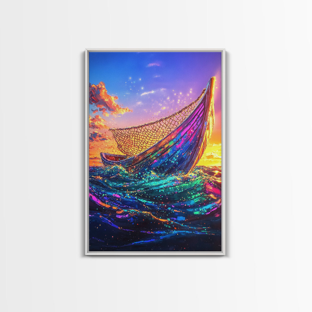 Glowing Fishing Boat At Sunset Framed Canvas Print, Ocean Wall Art, Coastal Decor, Nautical Seascape, Beach House Living Room Decor Gift