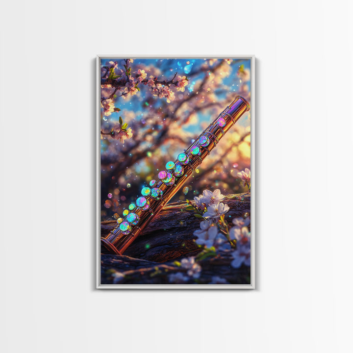 Jeweled Flute With Cherry Blossoms Canvas Print, Music Wall Art, Japanese Floral Spring Decor, Elegant Music Room Wall Decor