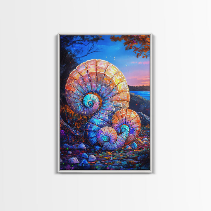 Glowing Nautilus Shells By Twilight Lake Framed Canvas Print, Coastal Wall Art, Seashell Decor, Beach House Gift, Ocean Wall Decor