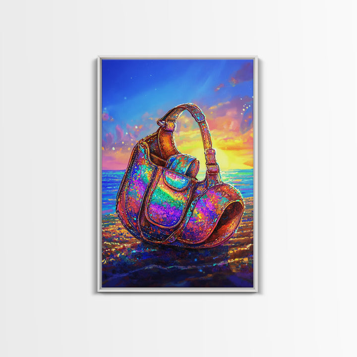 Iridescent Headphones On Sunset Beach Canvas Print, Music Studio Wall Art, Ocean Decor, Gamer Room Decor, Gift For Him, Art Gift