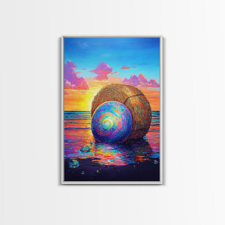 Rainbow Shell And Hay Bale On Beach Canvas Print, Coastal Wall Art, Ocean Sunset Seascape Decor, Beach House Home Decor Gift