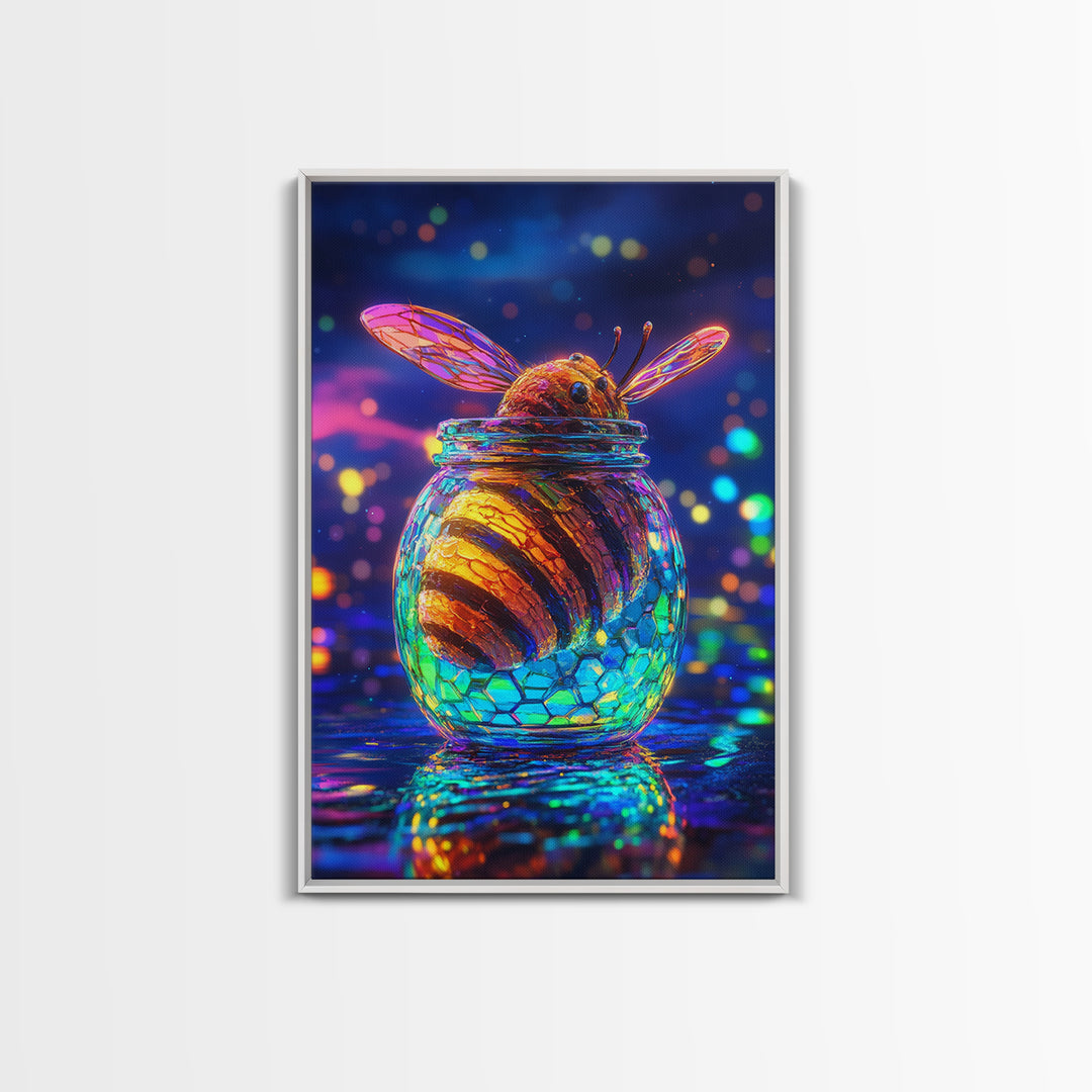 Glowing Honey Bee In Glass Jar Framed Canvas Print, Whimsical Animal Wall Art, Nature Home Decor, Bee Lover Gift For Her