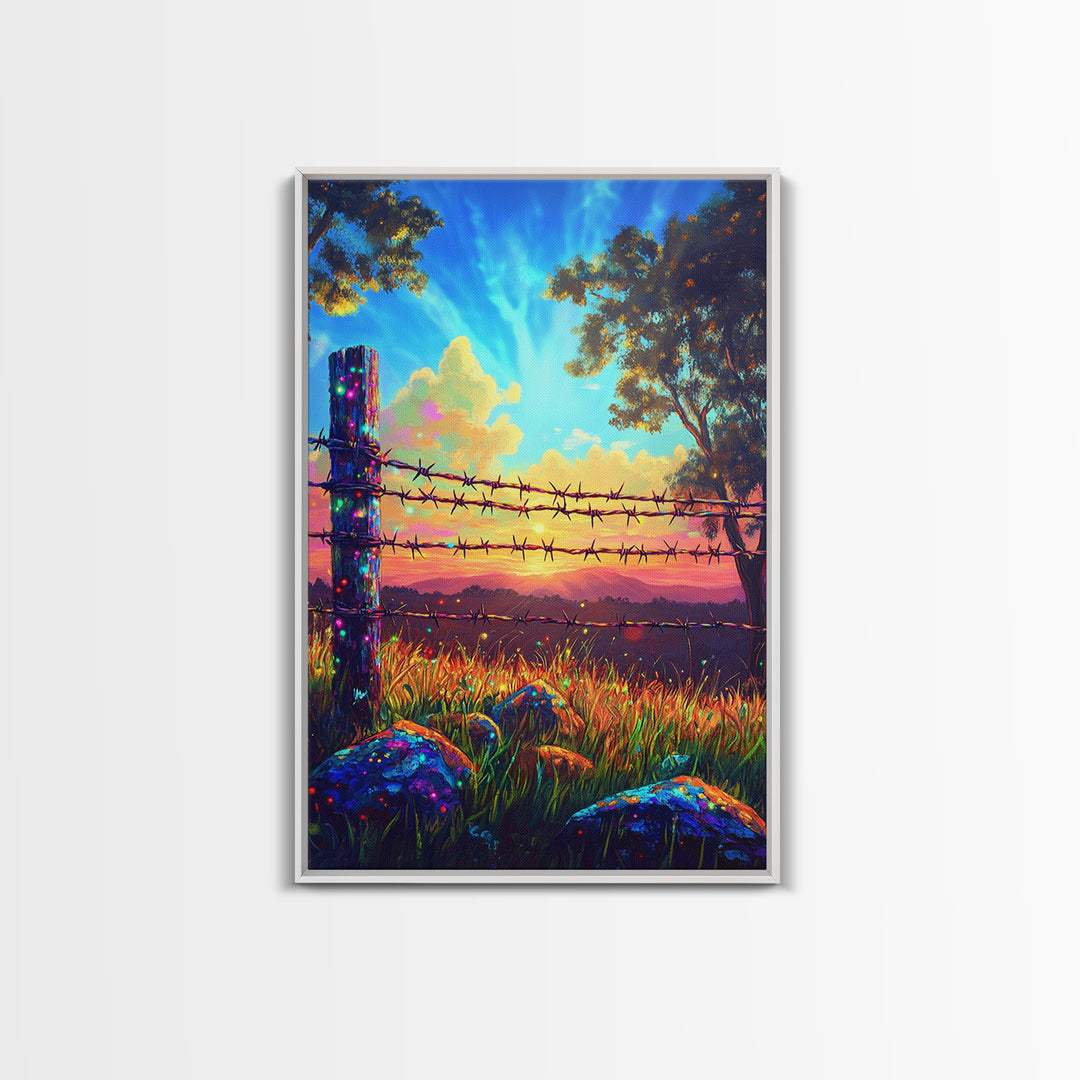 Barbed Wire Fence At Sunset Meadow Canvas Print, Rustic Western Wall Art, Farmhouse Decor, Country Landscape Housewarming Gift