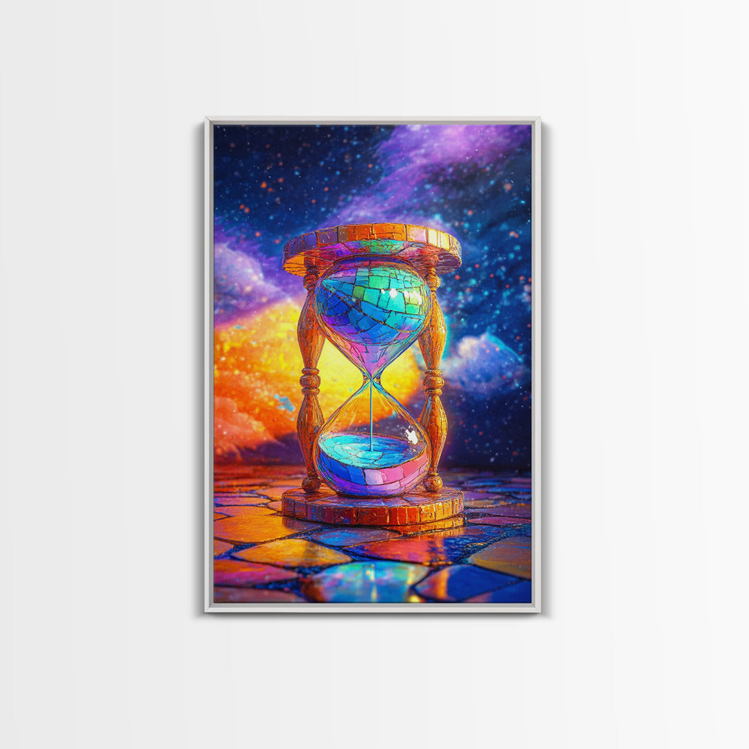 Cosmic Stained Glass Hourglass Canvas Print, Surreal Celestial Wall Art For Office Decor, Modern Home Decor Living Room Gift