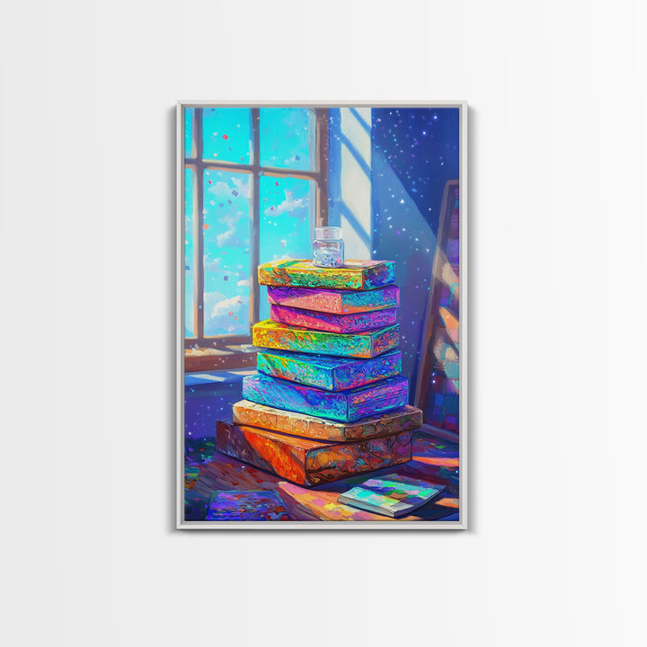 Rainbow Stack Of Books By Sunny Window Canvas Print, Cozy Bookstore Wall Art For Library Decor And Reading Nook Home Decor Gift